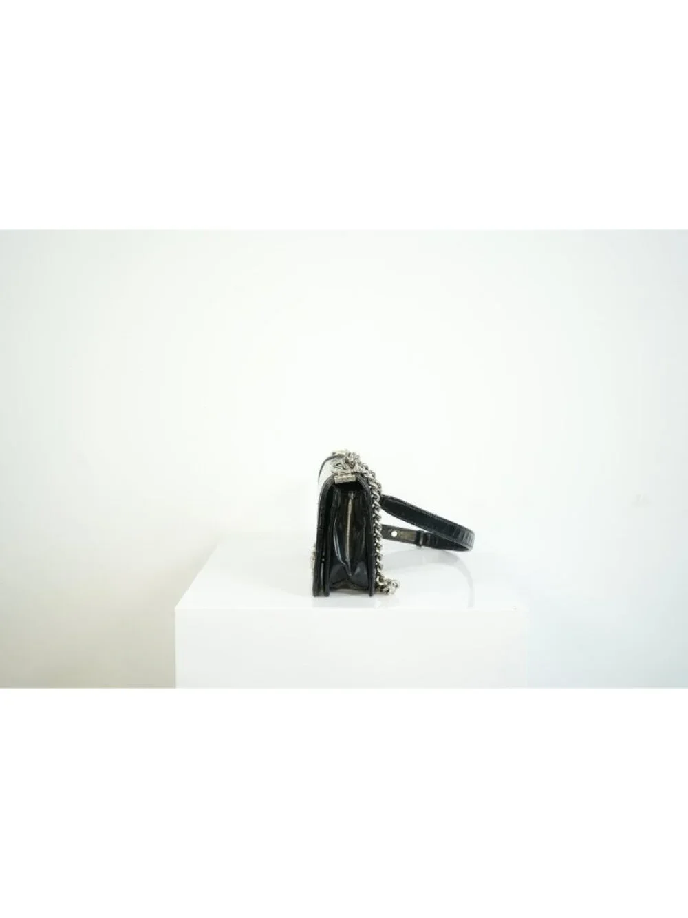 Chanel Black Patent Leather Boy Bag Silver Hardware